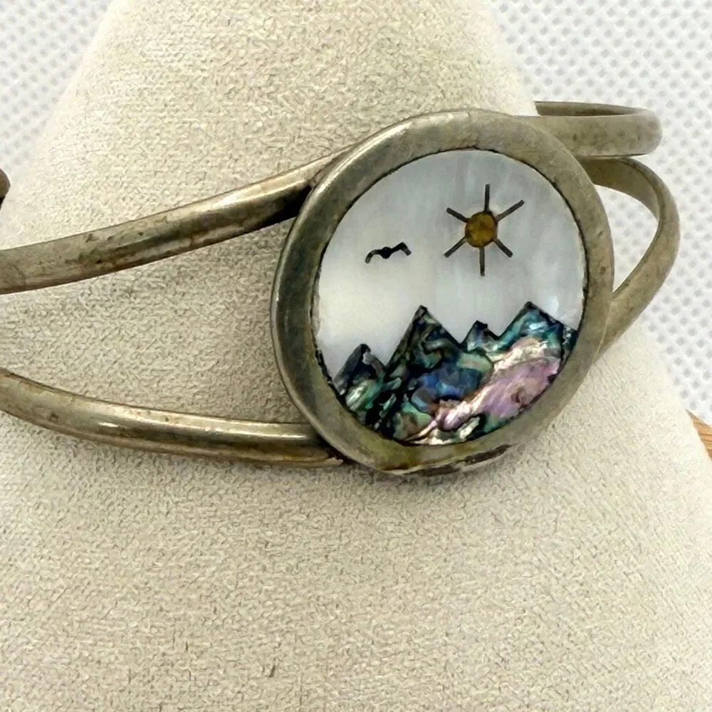 Vintage Mother of Pearl Abalone Mountain Landscape Cuff Bracelet